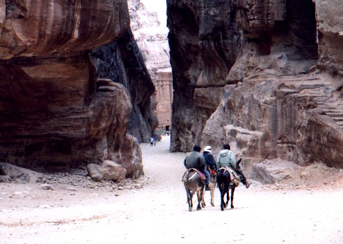 The Siq outside Al-Khazner (The Treasury) - Petra 
<br>
Photo: Robert Downie - February 2001 (EOS 300) 