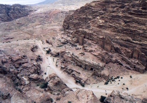 Looking down towards the Royal Tombs from the High Place of Sacrifice - Petra 
<br>
Photo: Robert Downie - February 2001 (EOS 300) 
