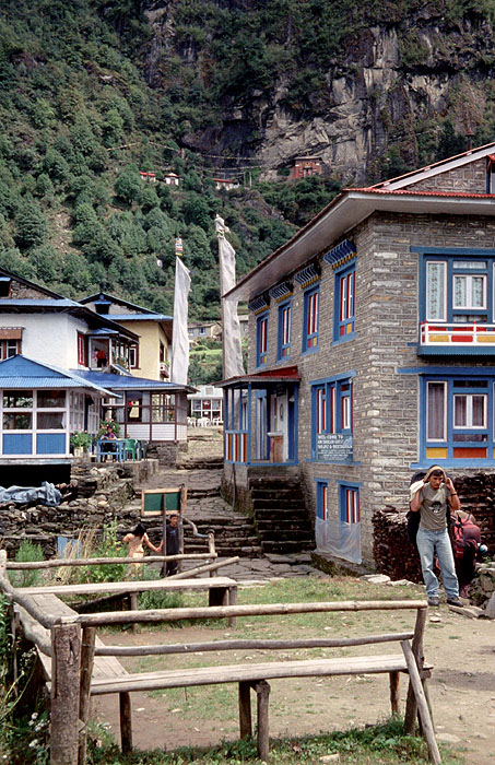 Chheplung (2660m) Rangdo Gompa on the rock wall in the background
<br>
Photo: Robert Downie - 2004 (EOS 300)
