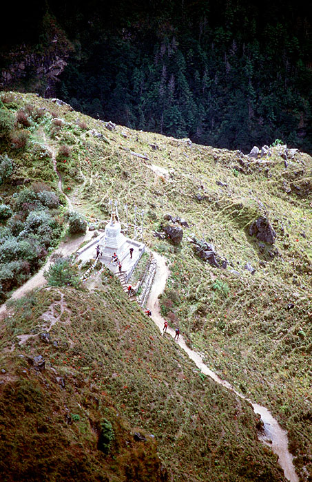 Looking down at a Chorten and Prayer flags on the track out of Namche Bazaar 
<br>
Photo: Robert Downie - 2004 (EOS 300)