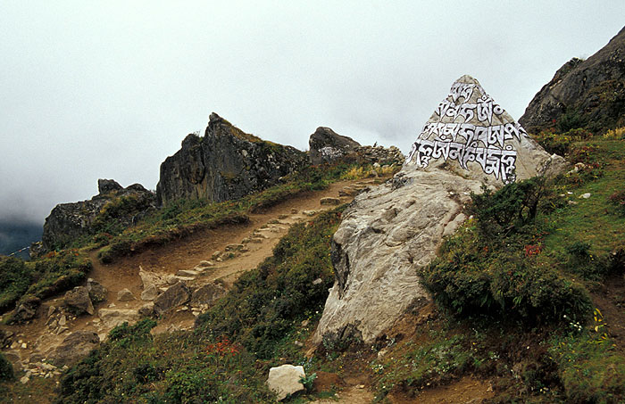 Prayers written on the rocks in the hills behind Namche Bazaar
<br>
Photo: Robert Downie - 2004 (EOS 300)