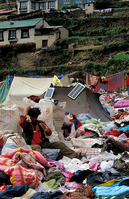 Tibetan Market - - Namche Bazaar (3440m) - Notice the solar panel on the yak skin tent!
<br>
Photo: Robert Downie - 2004 (EOS 300)