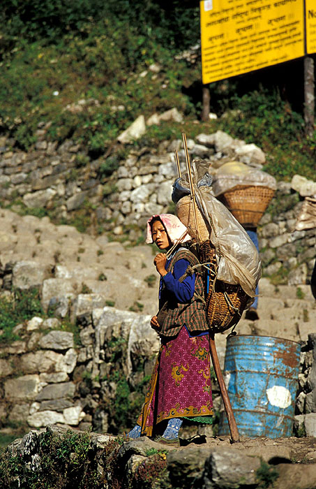 Young female porter with only a few hundred more steps to reach Namche Bazaar (3440m)
<br>
Photo: Robert Downie - 2004 (EOS 300)
