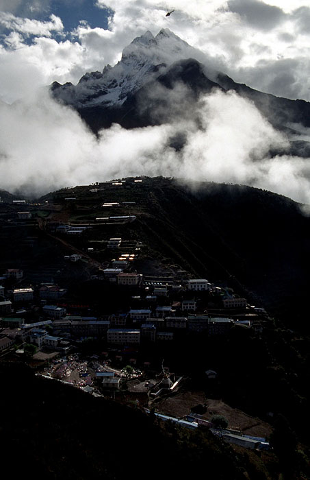 A helicopter flying above Namche Bazaar (3440m)
<br>
Robert Downie - 2004 (EOS 300)
