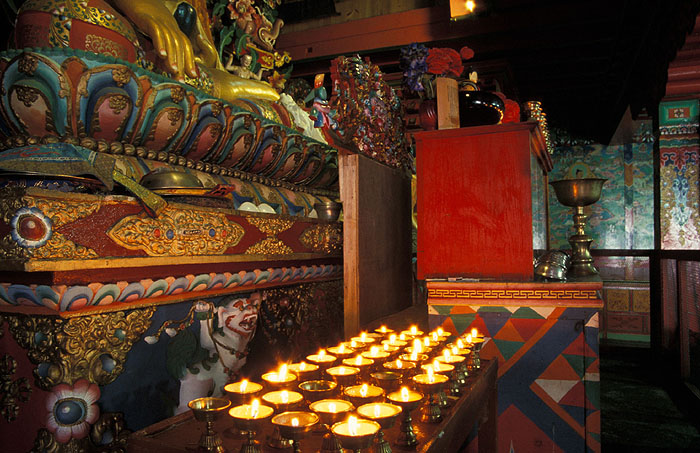 Inside the prayer chambers -  Tengboche Monastery 
<br>
Photo: Robert Downie - 2004 (EOS 300)