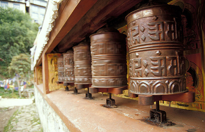 Prayer wheels -  Tengboche Monastery 
<br>
Photo: Robert Downie - 2004 (EOS 300)