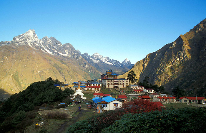 Tengboche Monastery at 3870m is situated at the juncture of the Gokyo and Everest valleys - Mountans in the background from left to right - Khumbi Yul Lha (5761m),  Phuletate (5597m) and Pharilapche (6073m)
<br>
Photo: Robert Downie - 2004 (EOS 300)