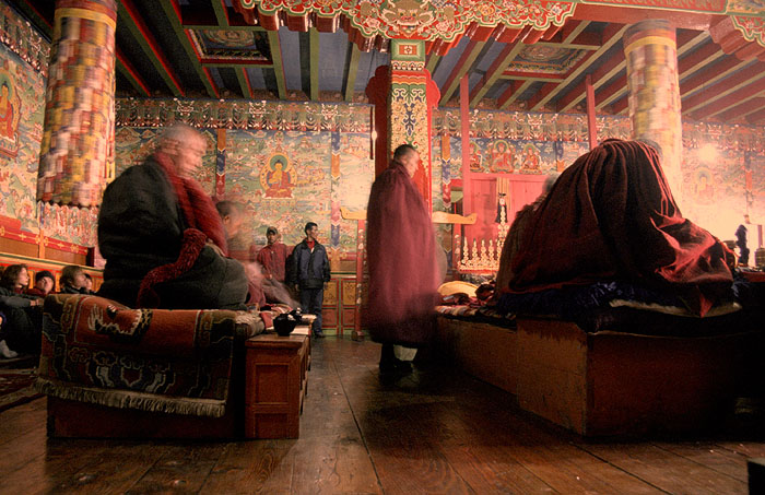 Monks at prayer inside the Tengboche Monastery 
<br>
Photo: Robert Downie - 2004 (EOS 300)