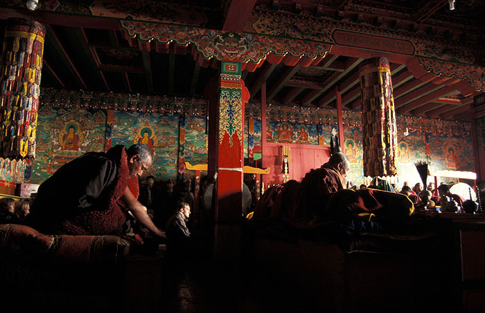 Inside the prayer chambers -  Tengboche Monastery 
<br>
Photo: Robert Downie - 2004 (EOS 300)