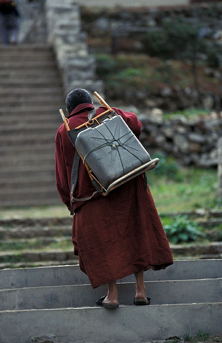 Monk carrying fuel or water to the monastery -  Tengboche Monastery 
<br>
Photo: Robert Downie - 2004 (EOS 300)