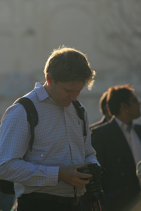 James reviewing a hard days work 
<br> 
The courtyard between the Lahore Fort or Shahi Qila and the Badshahi Mosque
<br>
Photo: Robert Downie - Feb 2007 (EOS 400D)