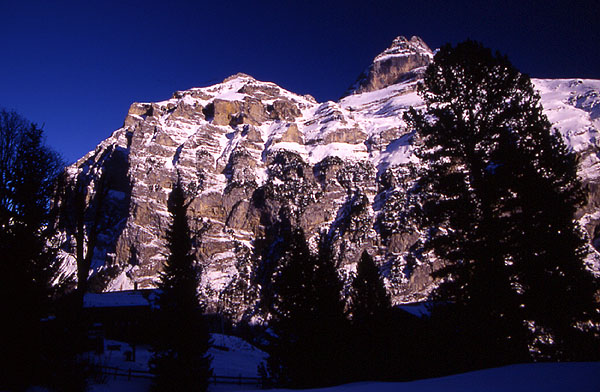The view of Jungfrau out the back of the Pension Gimmelwald (1400m)
<br>
Photo: Robert Downie - January 2002 (EOS 300) 
