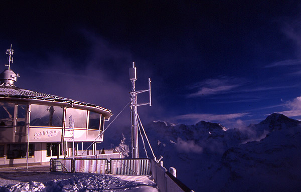 The revolving restaurant on top of the Shilthorn (2971m) 
<br>
Was used in the James Bond movie On Her Majesty's Secret Service
<br>
Photo: Robert Downie - January 2002 (EOS 300) 