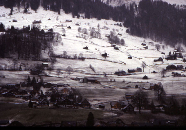 Looking back down towards Unterwasser from the top of the Standseilbahn
<br>
Photo: Robert Downie - February 2002 (EOS 300) 