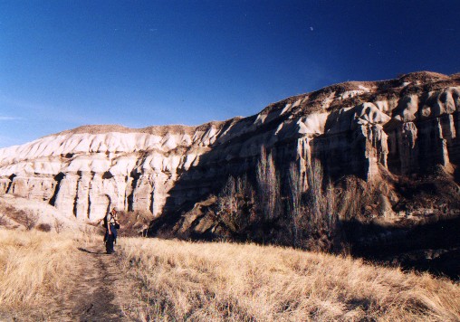 Myself on the walk along G�vercinlik Vadisi (Dovecote Valley) which links G�reme with U�hishar.
<br>
Photo: Jane Downie - January 2001 (EOS 300)