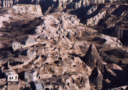 Lookoung out from U�hishar Belediyesi Kalesi over Cappadocia.  The high peak of Erciyes Da?i in the far off distance (3916m)
<br>
Photo: Robert Downie - January 2001 (EOS 300)
