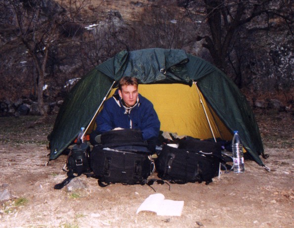 Myself, looking cold and ragged at camp halfway along the Ilhara Valley 
<br>
Photo: Jane Downie - January 2001 (EOS 300)