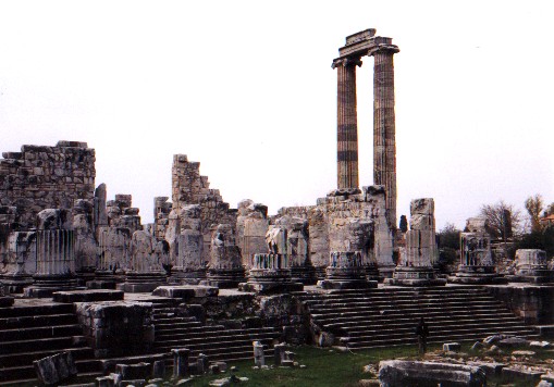 Temple of Apollo (Circa 4th Century BC).  Didyma.  
<br>
All but two of the great columns have succumbed to turkeys frequent earthquakes 
<br>
Photo: Robert Downie - January 2001 (EOS 300)