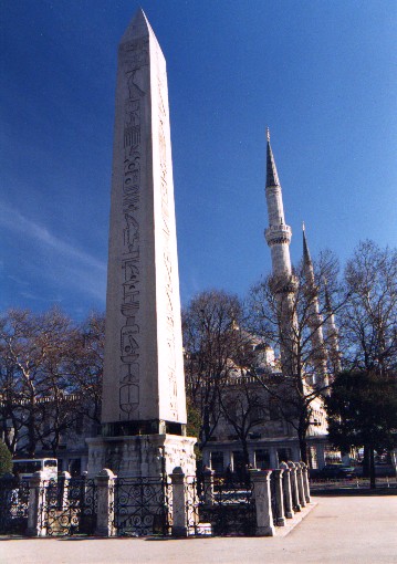 The Obelisk of Theodosius  is a Pharaonic column from the Temple of Karnak in southern Egypt close to 3500 years old.  Blue Mosque is in the background.
<br>
Photo: Robert Downie - January 2001 (EOS 300)