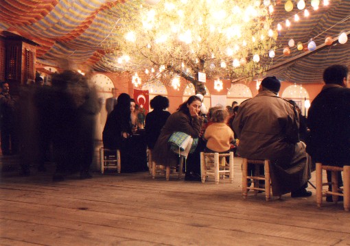 Inside a large tent being utilised as a musical theatre.  Istanbul - Asian Side 
<br>
Photo: Robert Downie - January 2001 (EOS 300)